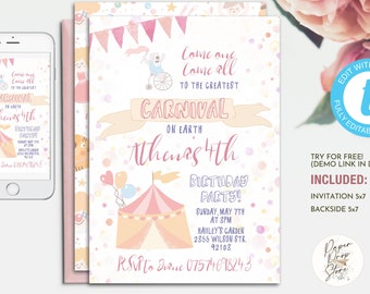 Pink Carnival Birthday Editable Invitation, Cute Baby Girl Circus Birthday Party Invite Template