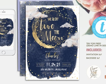 Off Two the Moon Second Birthday printable Invitation, Moon and Stars editable invite