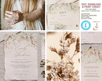 Earthy Fall Colours Wedding Invitation Suite, Dried leaves Watercolor Editable invite RSVP and details card Template - VERONA