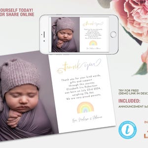 Modèle de carte photo merci bébé arc-en-ciel, faire-part de naissance auto-éditable, téléchargement immédiat pour impression ou partage en ligne