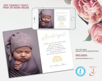 Rainbow Baby Thank you Photo Card Template, Self Editing Birth Announcement, Instant Download for printing or sharing online