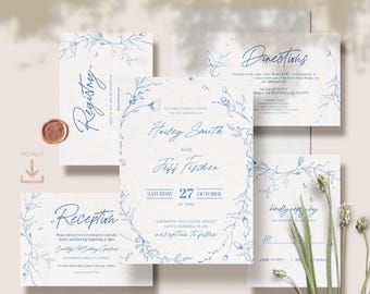 Blue floral Wedding Editable Invitation Suite Big Bundle Pack of Templates - NERISSA