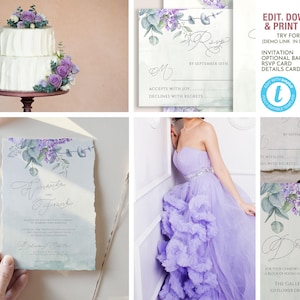Lavender Lilac and Eucalyptus Greenery Wedding Invitation Suite, Garden Watercolor Editable invite RSVP and details card Template - IRIS