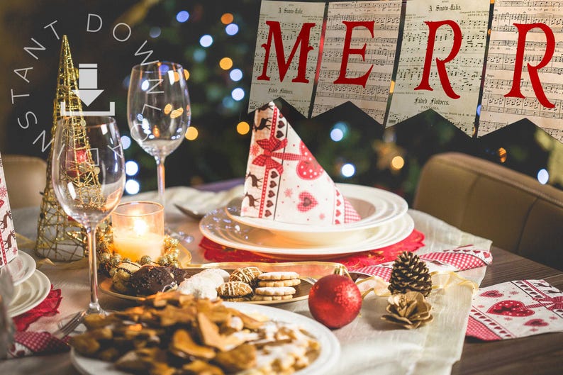 Fireplace garland, Xmas fireplace decor, Xmas accent, Christmas banners, Christmas garland, Music note bunting, Printable pennant banner image 2