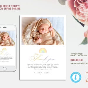 Plantilla de tarjeta fotográfica de agradecimiento con anuncio de nacimiento y diseño de arcoíris para editar por uno mismo, descarga instantánea para imprimir o compartir en línea