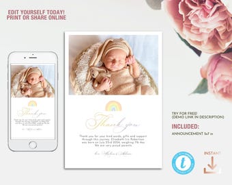 Self Editing Birth Announcement, Rainbow Baby Thank you Photo Card Template, Instant Download for printing or sharing online
