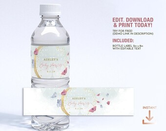 Butterfly Spring Baby Shower Party Water Bottle Label Editable Template, Pink butterflies editable bottle wrapper, Printable Download