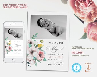 Floral Baby Birth Photo Announcement, Self Editing Instant New Baby Card Template for printing or sharing online