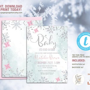 Winter Wonderland Baby Girl Shower Invitation, Baby It&#39;s Cold Outside, Snowflake Shower Editable Invite Template in Pink and Silver