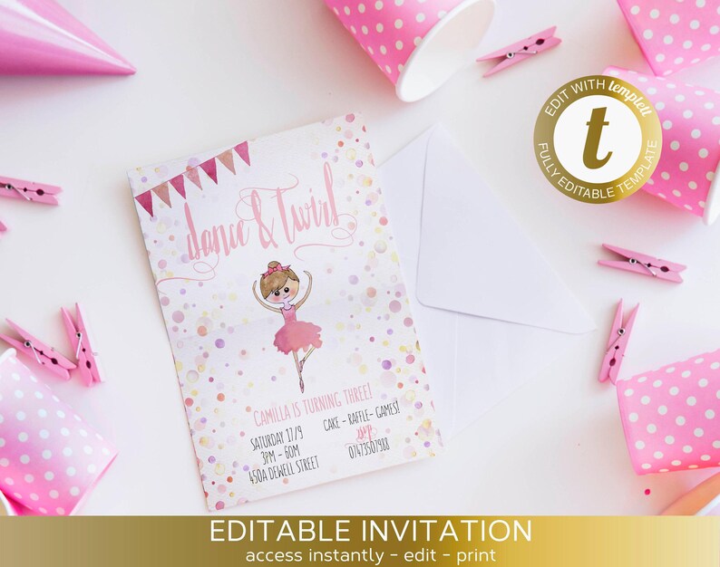 Ballerina invitation, Dance and Twirl, Ballerina birthday, Editable, Templett,Twirl invite, Ballerina party, Ballet, Printable invitation image 3