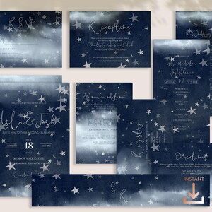 Starry Night Celestial Full Wedding Invitation Suite in Dark Blue with Silver Stars - NOVA image 3