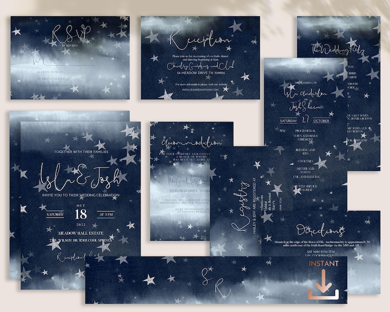 Starry Night Celestial Full Wedding Invitation Suite in Dark Blue with Silver Stars - NOVA image 3
