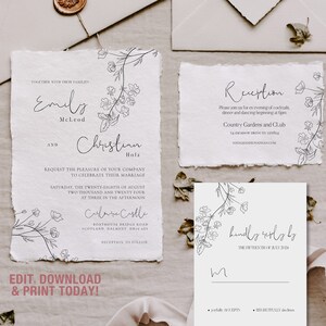 Minimal Floral Monochrome Wedding Invitation, RSVP card and details insert PALOMA image 3