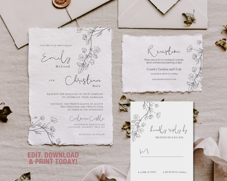 Minimal Floral Monochrome Wedding Invitation, RSVP card and details insert PALOMA image 3