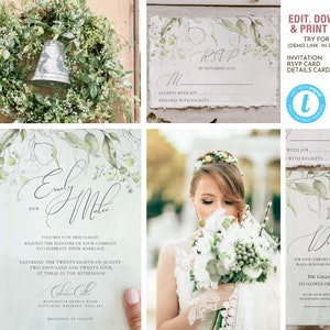 Delicate Eucalyptus Olive Green and Silver Wedding Invitation RSVP and Details Template bundle  - CALLIE