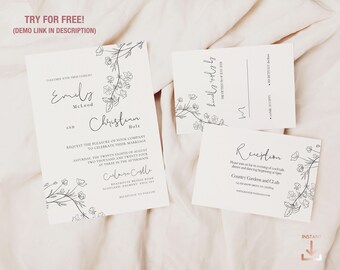 Minimal Floral Monochrome Wedding Invitation, RSVP card and details insert - PALOMA
