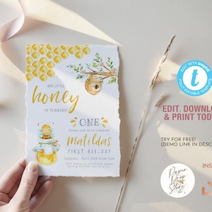 Cute Honey Bee 1st Birthday Invitation Template, Sweet as can Bee first birthday party, Turning ONE First Beeday printable invite
