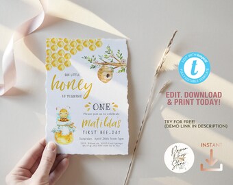 Cute Honey Bee 1st Birthday Invitation Template, Sweet as can Bee first birthday party, Turning ONE First Beeday printable invite