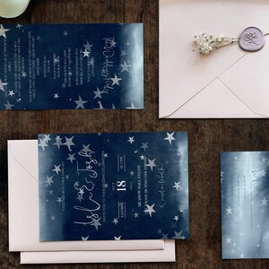 Starry Night Celestial Full Wedding Invitation Suite in Dark Blue with Silver Stars - NOVA image 4