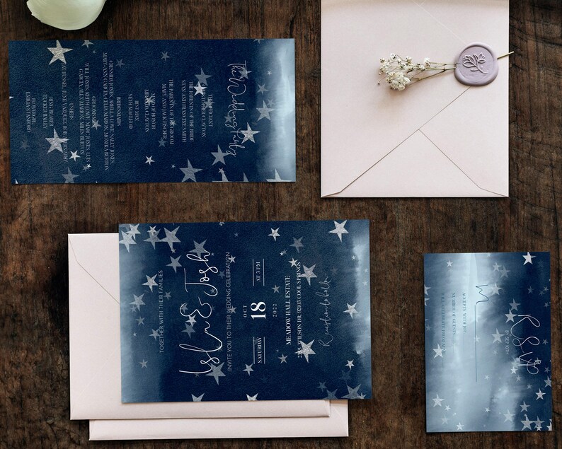 Starry Night Celestial Full Wedding Invitation Suite in Dark Blue with Silver Stars - NOVA image 4