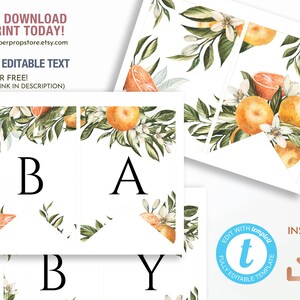 Citrus Orange Bunting, Little Cutie Clementine Theme druckbare Girlande, bearbeitbare geschlechtsneutrale Greenery Party Banner Vorlage