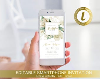 May include: Editable smartphone invitation for a bridal shower with a floral design. The invitation features a white background with gold accents and a floral illustration. The text on the invitation reads "Join us for a bridal shower" and includes the date, time, and location of the event.