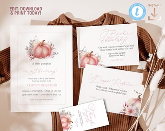 A little Pumpkin Pink Elegant Baby Girl Shower Invitation and inserts set Fall Watercolor Editable Templates