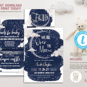 We are Over the Moon Editable Baby Shower Invitation Set, Cute Silver and Navy Starry Night baby shower printable invite and inserts