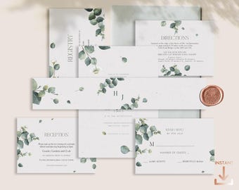Eucalyptus foliage Watercolor Wedding Stationery Greenery Invitation Suite Big Bundle Pack of Editable Templates CORDELIA