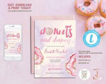 Donuts and Diapers Baby Girl Shower Editable Invitation, Self Editing Pink Donut Sprinkle Invite Template
