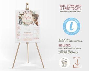 Plantilla para tablero de hitos de primer cumpleaños con diseño de bosque con flores ruborizadas, letrero imprimible editable para fiesta con animales del bosque y vegetación en acuarela