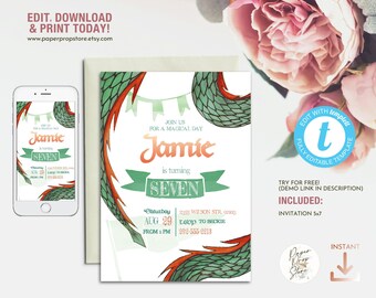 May include: Editable invitation template for a 7th birthday party featuring a green and orange dragon design. The text on the invitation reads "Join us for a magical day Jamie is turning Seven".