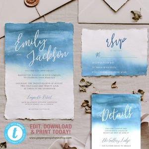 Suite de faire-part de mariage Blue Island, modèle de carte d'invitation modifiable à l'aquarelle Ocean Beach Seaside, RSVP et détails - MARINA