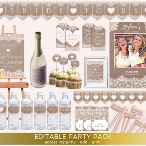 Spitze & Kraft Karte druckbare Party Pack, rustikale Brautparty Dekorationen, Sofortiger Download Braun Rustikale Bachelorette Dekor