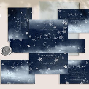Starry Night Celestial Full Wedding Invitation Suite in Dark Blue with Silver Stars - NOVA