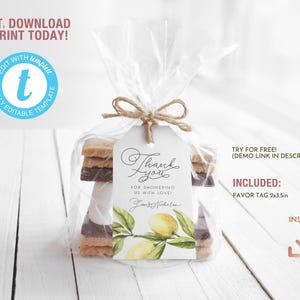 Lemon Favor Tag, Main Squeeze Citrus Greenery theme Thank you Printable Tag, Summer Baby Bridal Shower Birthday Party Editable Template