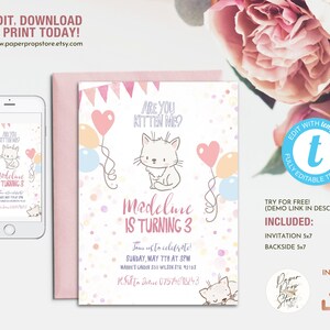 Kitten Birthday Invitation printable template, Self Editing Kitty Cat Party Invite, Are You Kitten Me Purrfect Pawty