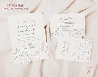 Mountain Fantasy Monochrome Wedding Editable Invitation Suite Big Bundle Pack of Templates - ASTRID