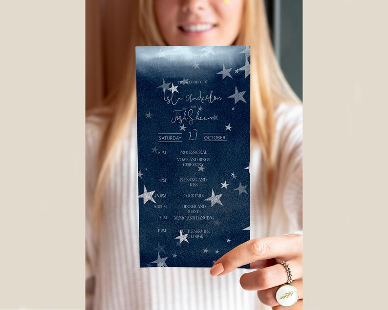 Starry Night Celestial Full Wedding Invitation Suite in Dark Blue with Silver Stars - NOVA image 6