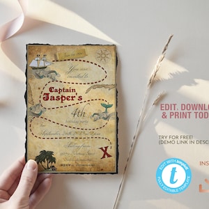 Invitación pirata, invitaciones piratas, cumpleaños pirata, invitación imprimible para niños, cofre del tesoro, tema pirata, fiesta pirata, mapa del tesoro