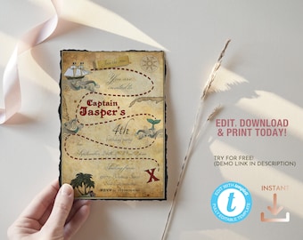 May include: A printable invitation for a 4th birthday party with a pirate theme. The invitation features a map with a red X marking the spot, a ship, and the text "Join the crew, You are invited to Captain Jasper's 4th birthday party".