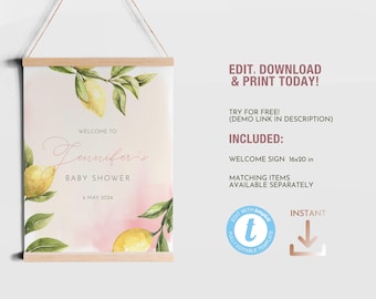 Lemon and Blush Pink Baby Girl / Bridal Shower welcome sign, Citrus Greenery printable front door editable board