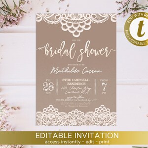 Brautparty druckbare Einladung, bearbeitbar, rustikale Brautparty lädt ein, Kraft Braun und Spitze, Shabby Chic Country Brautparty Vorlage