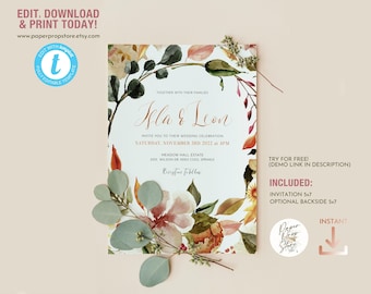 Burnt Orange and Autumn Leaves Fall Wedding Editable Invitation Template - AMBER
