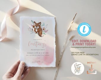 May include: A pink and white watercolor invitation with a cute fox illustration. The invitation is for Courtney's 3rd birthday party. The text on the invitation reads "Courtney's 3rd Birthday Party", "Sunday | Apr 26 | At 3pm", "8555 Wilson Str, 92103 Cool Springs", and "To Elaine 505-555-0811 by Apr 11".