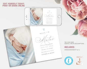 Baby Boy Birth Announcement, Self Editing Instant New Baby Photo Card Template for printing or sharing online