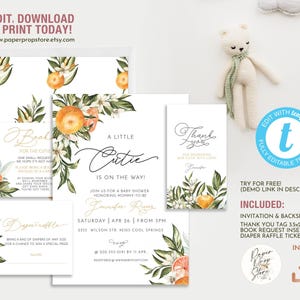 A Little Cutie Editable Baby Shower Invitation Set, Cute Citrus Clementine gender neutral baby shower, Orange printable invite and inserts