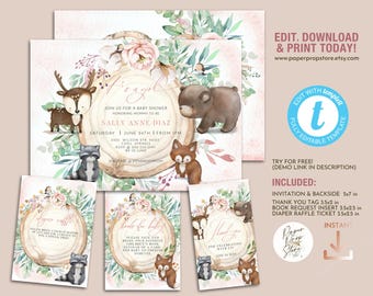 May include: Printable woodland baby shower invitation set with a pink and green color scheme. The set includes an invitation, thank you tag, book request insert, and diaper raffle ticket. The invitation features a watercolor illustration of a deer, raccoon, bear, and fox in a woodland setting.