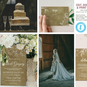 Suite d'invitations modifiables pour mariage champêtre en kraft brun et dentelle rustique, modèle, invitation, réponse et détails