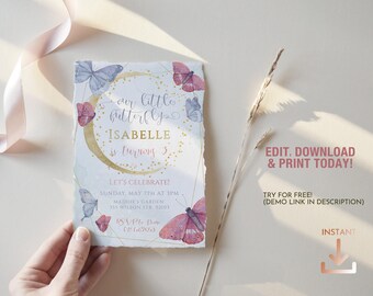 Little butterfly purple and pink birthday party editable invitation, Sweet spring first birthday template with crescent moon and butterflies